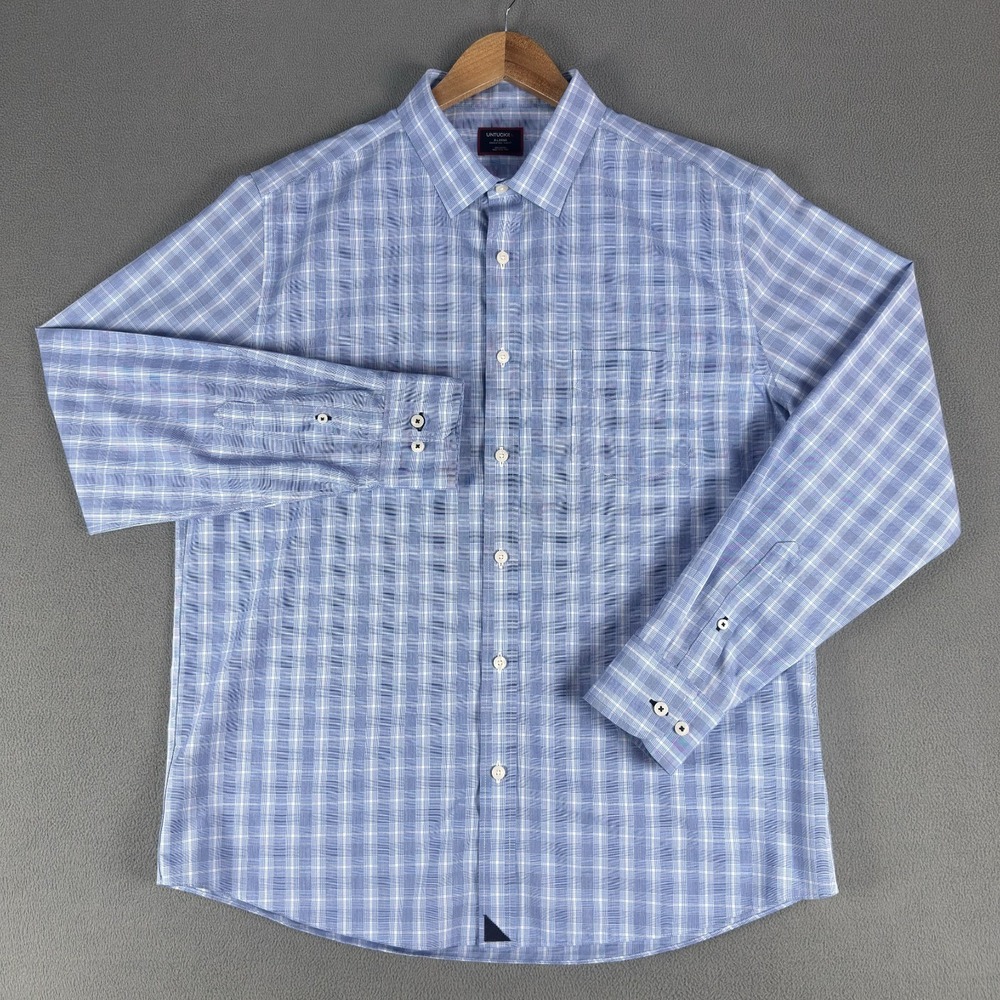 UNTUCKit Shirt Mens XL Blue White Plaid Slim Fit Brooks Smart Casual Office - Picture 2 of 10